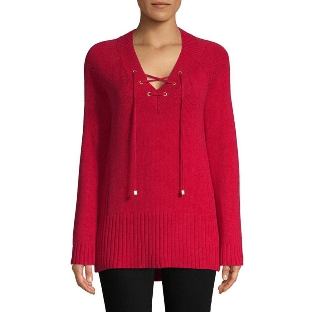 Liz Claiborne Women's Caberet Red Lace Up Sweater Fall V Neck M Cotton / Acrylic